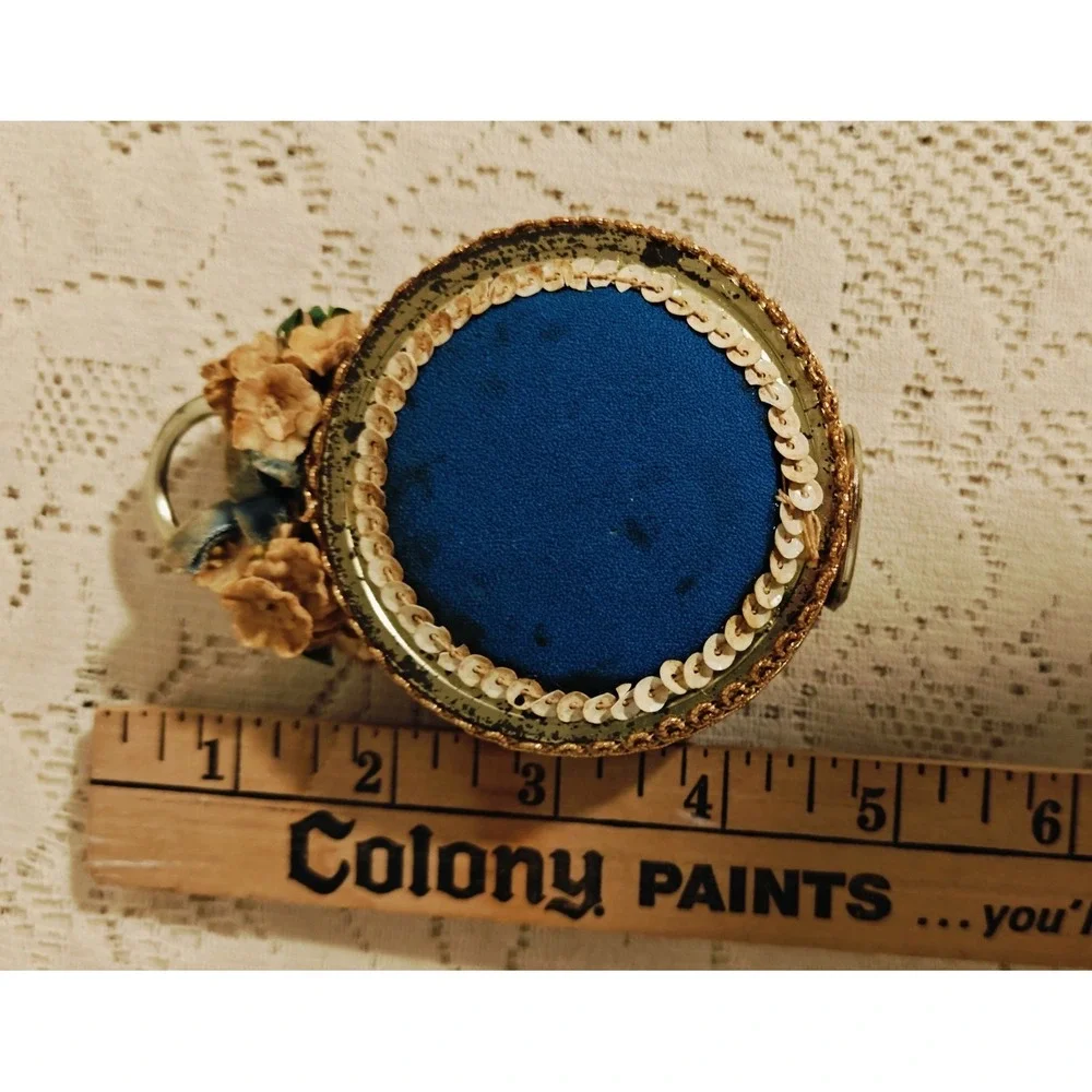 Vintage Blue  Pincushion With Gold Trim & Flowers